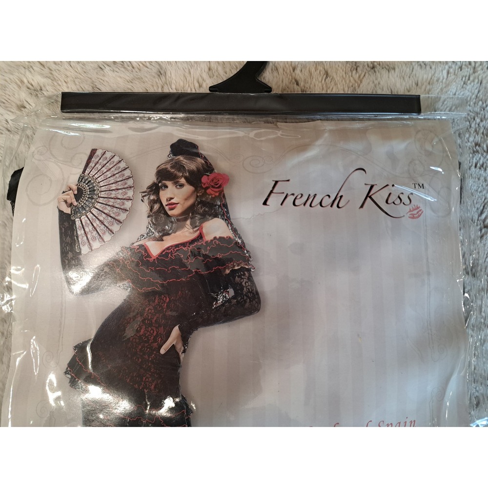 French Kiss Lady of Spain Costume Black Red Lace Dress Gloves Mantilla L 12-14 - Picture 5 of 10